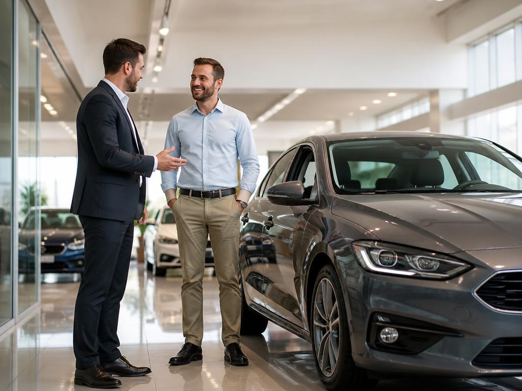 Salesperson greeting a customer beside a car in a dealership showroom