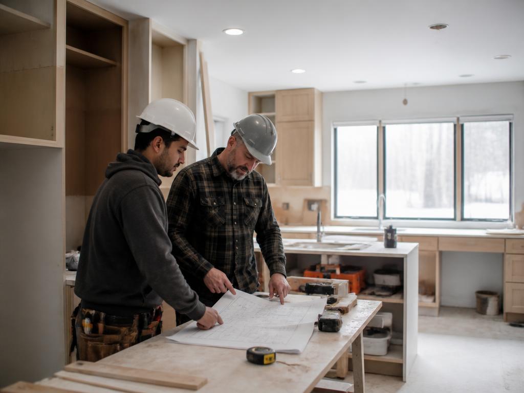 Two contractors reviewing plans in a half-finished modern kitchen