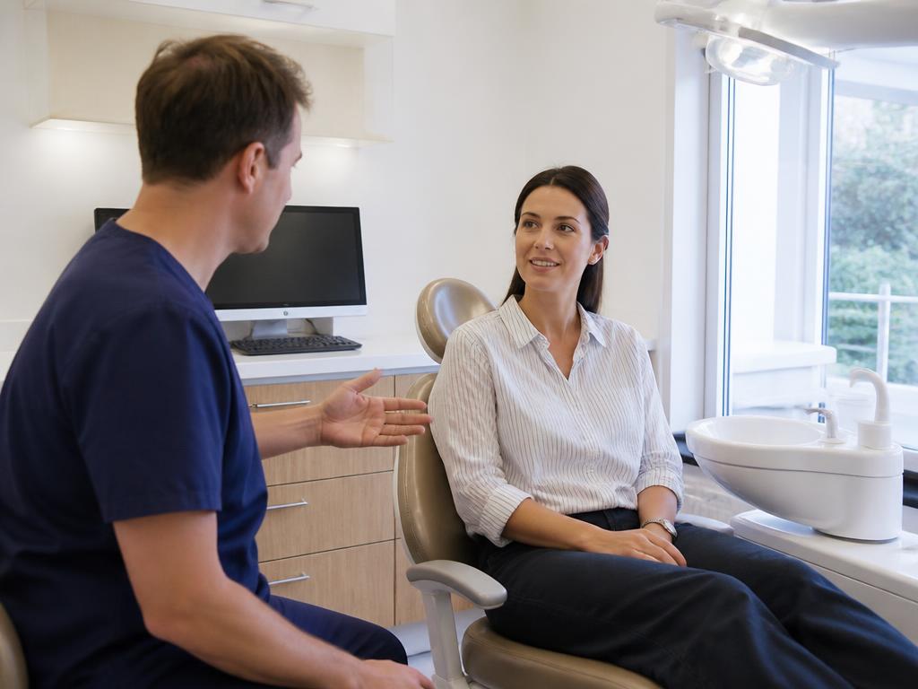 Dentist talking with a patient in a clean modern dental clinic