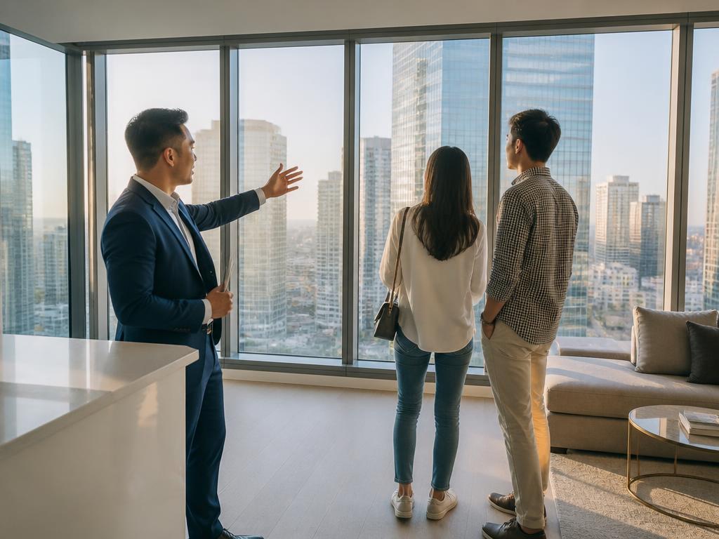 Agent showing a modern condominium unit to a young couple